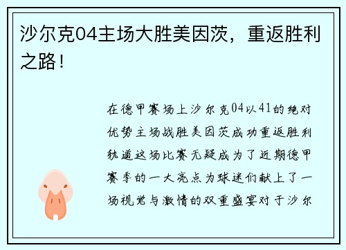 沙尔克04主场大胜美因茨，重返胜利之路！