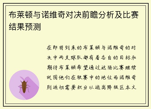 布莱顿与诺维奇对决前瞻分析及比赛结果预测